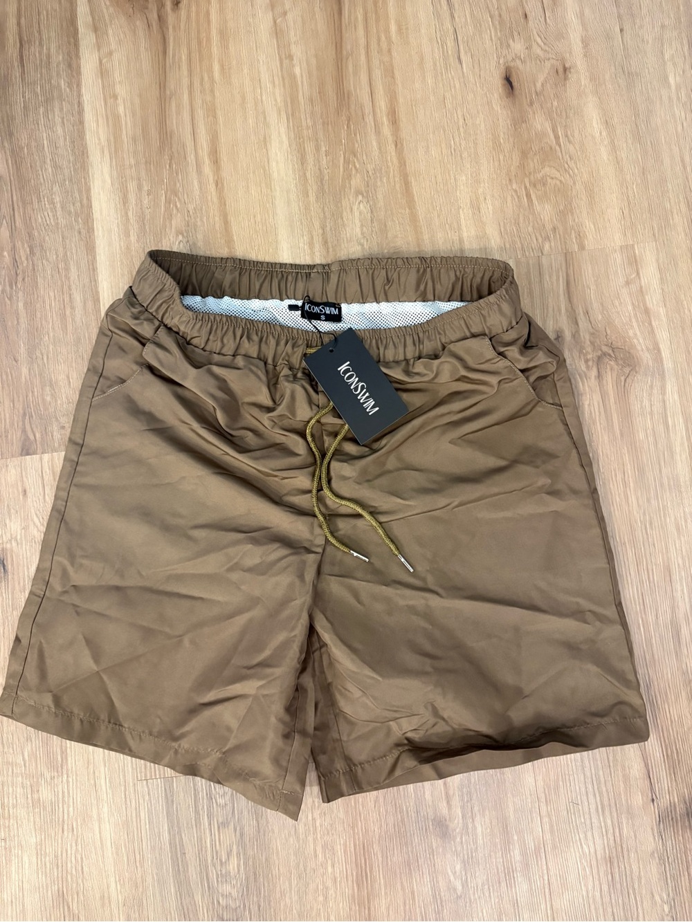 Men's Brown Elastic-Waist Swim Trunks